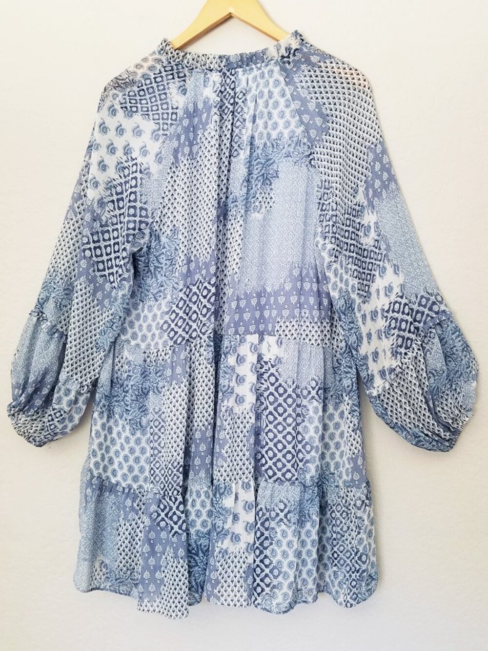 MSK Ruffle V Neck Baby Doll Dress XL Chiffon Patchwork Blue Shimmer Boho Cottage - Picture 4 of 15